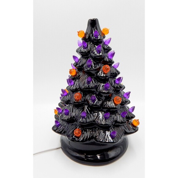 Halloween Tabletop Light Up Tree Ceramic 13 Inch Black Orange Purple